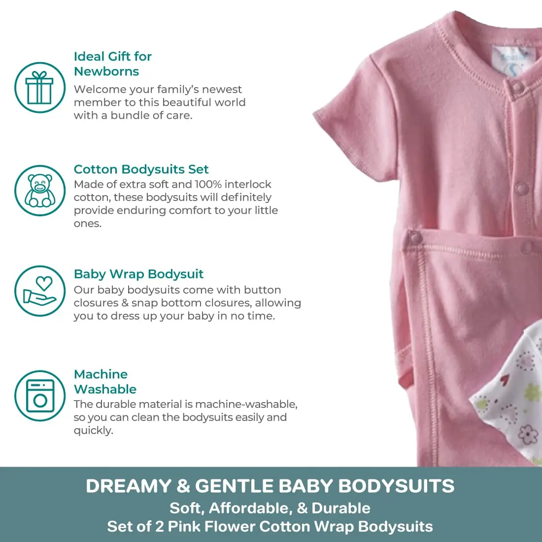 Spasilk Baby Bodysuit 2 Pack Pink Flower Short Sleeve Wrap for Newborns & 3-9 Months - view 3