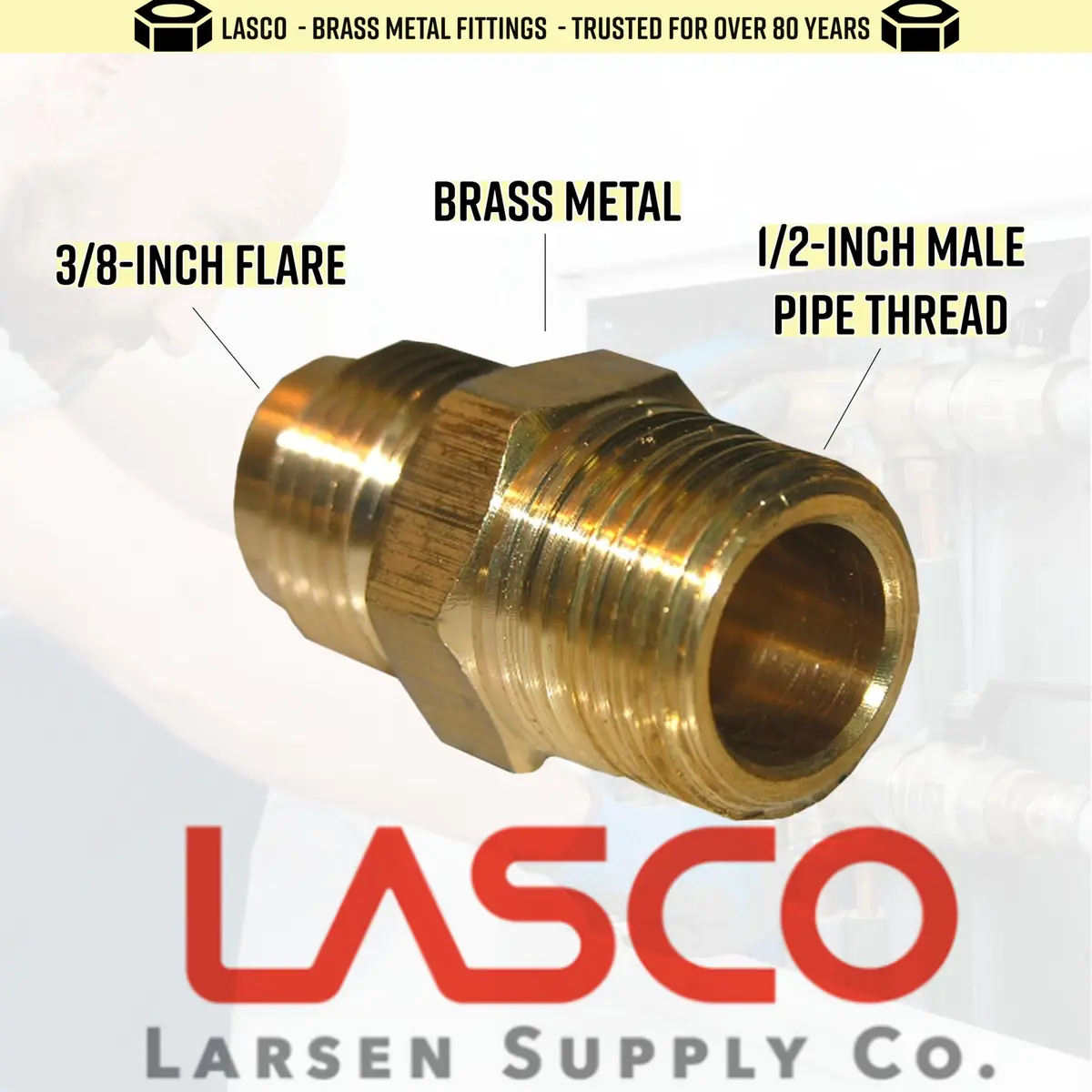 LASCO 17-4833 Brass Adapter 3/8-Inch Flare & 1/2-Inch Male Pipe Thread | Durable Plumbing Fitting - view 2