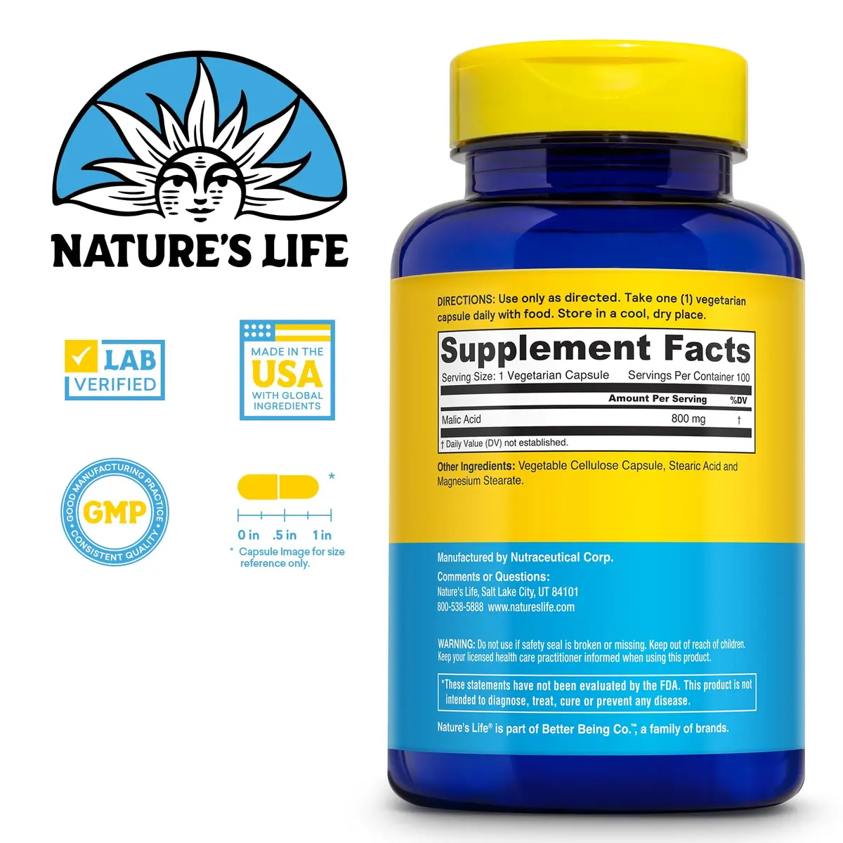 Nature's Life Malic Acid 800 mg | Chelating Agent Supports Energy & Muscle Comfort | No Gluten, Non-GMO | 100 Count - view 2
