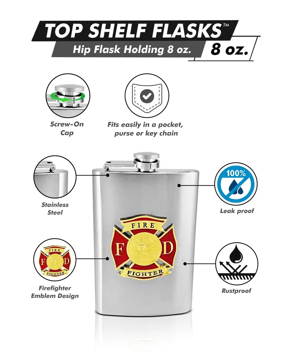 Flasks.com 8 oz Hip Flask with Firefighter Emblem - Stainless Steel, Pocket Size, Rustproof, Gift Box - main product image