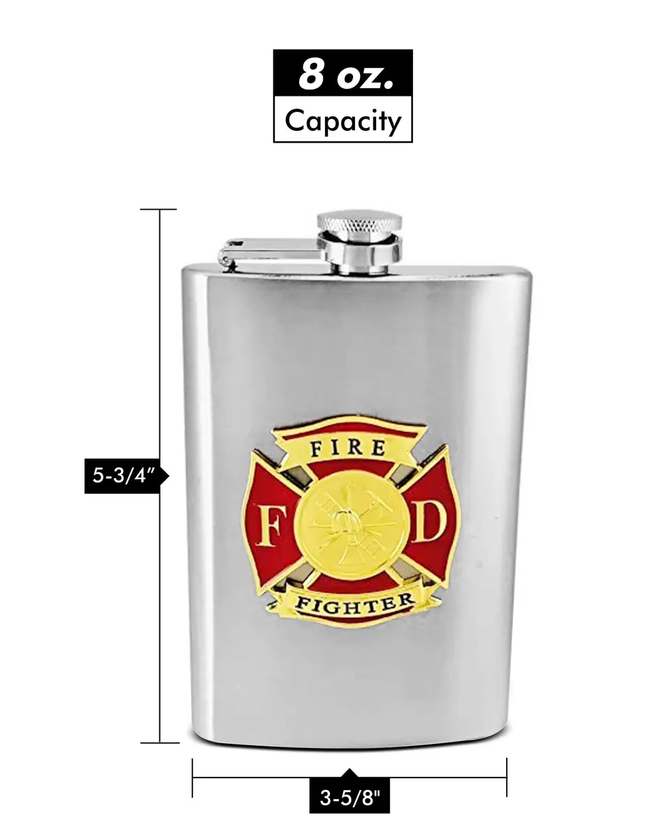 Flasks.com 8 oz Hip Flask with Firefighter Emblem - Stainless Steel, Pocket Size, Rustproof, Gift Box - view 2