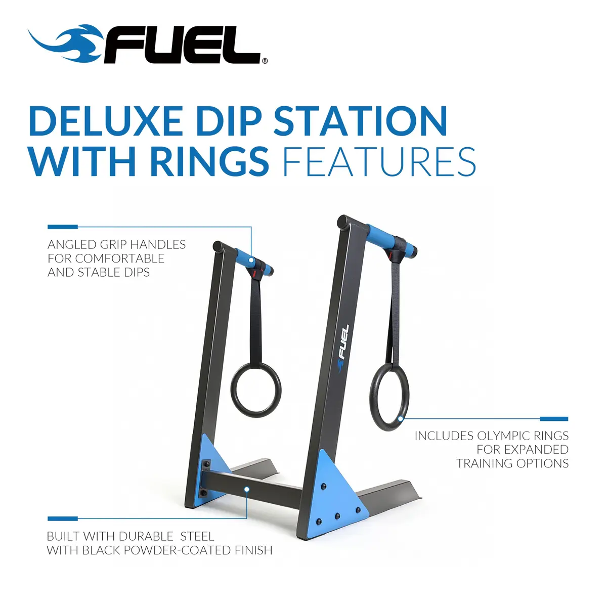 Fuel Pureformance Deluxe Dip Station with Olympic Rings | Heavy-Duty Steel Bodyweight Trainer (29.92" x 24.8" x 38.58") - view 3