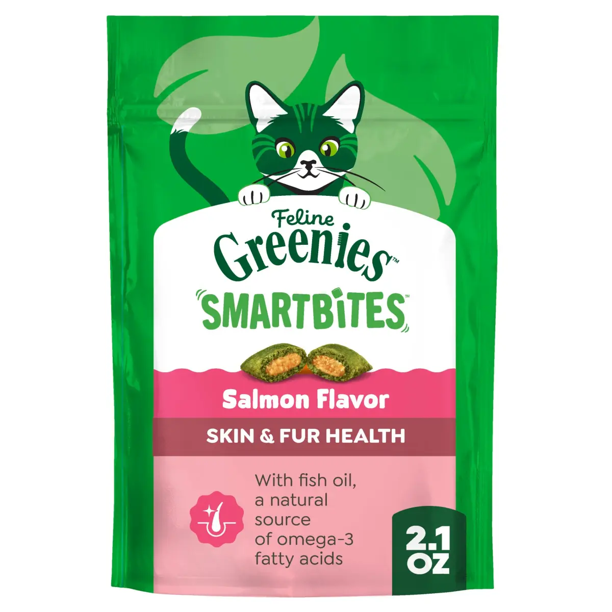 Greenies Feline Smartbites Skin & Fur Health Cat Treats, Salmon, 60g (2.1 oz) | Veterinarian-Formulated for Healthy Skin & Fur - main product image