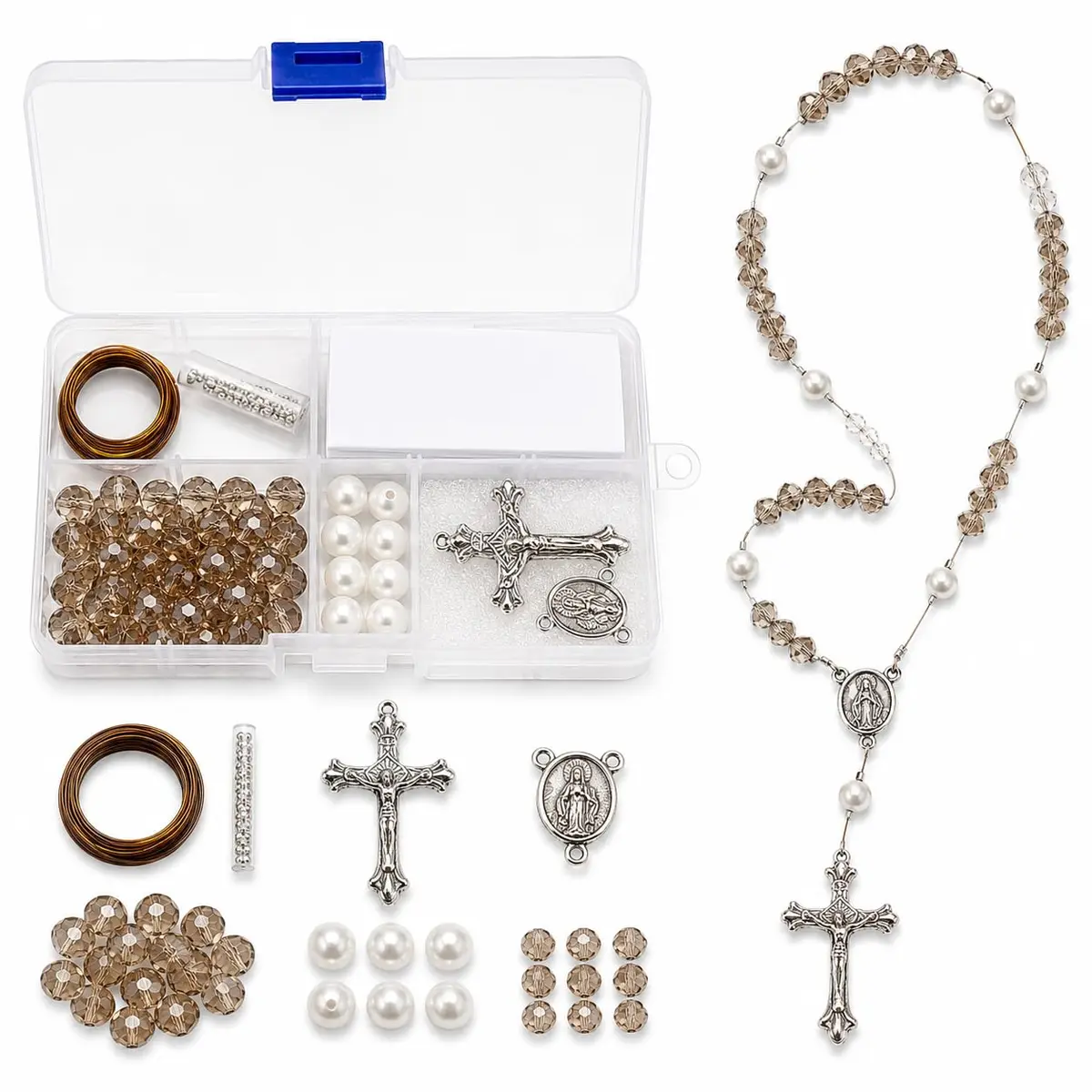 Linpeng Rosary Prayer Necklace Making Supplies Kit, Smoky Brown | First Communion Gift, Religious Beading Kit - main product image