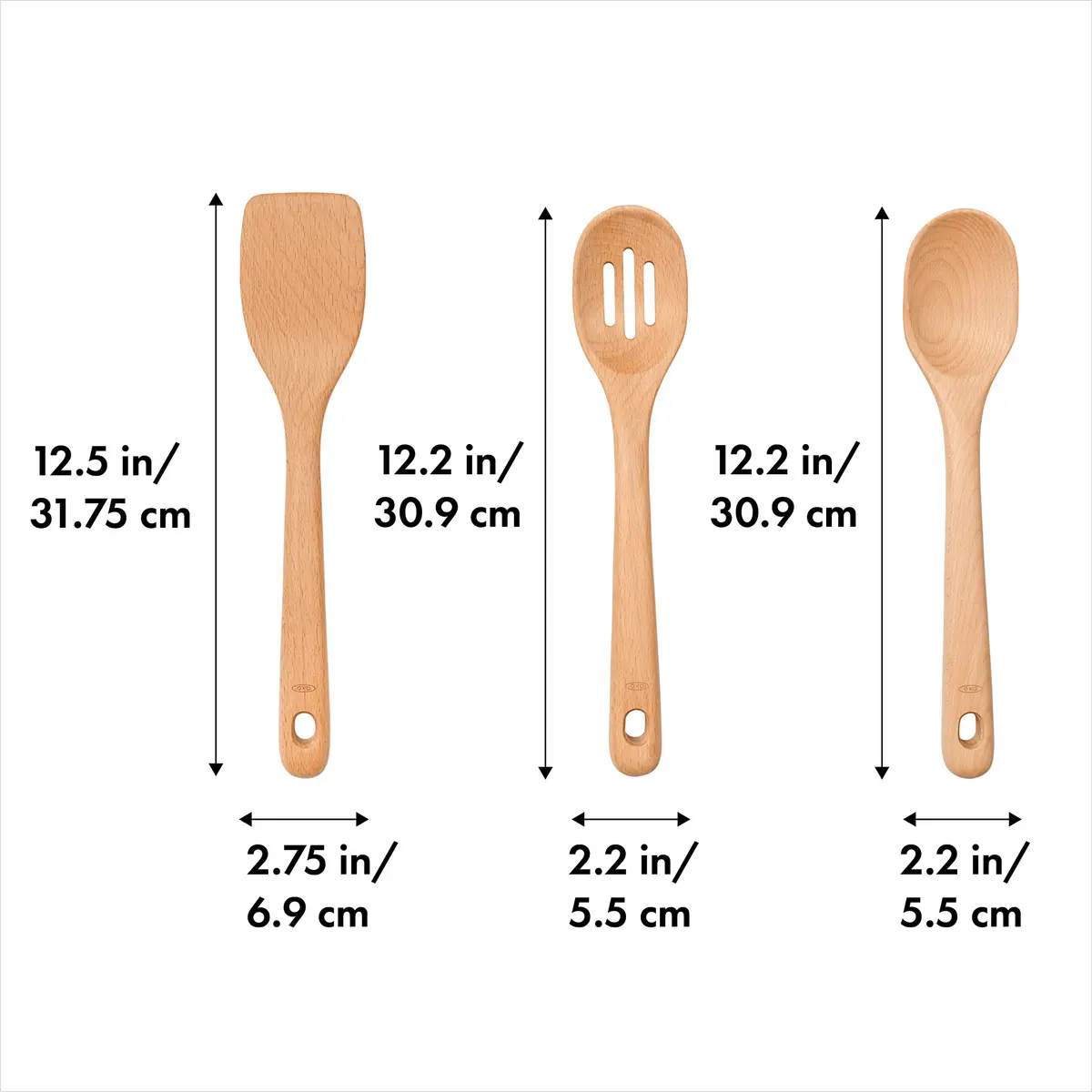 OXO Good Grips Wooden Utensil Set for Cooking, 3-Piece | Solid Beechwood Spoon, Slotted Spoon, Turner - view 2