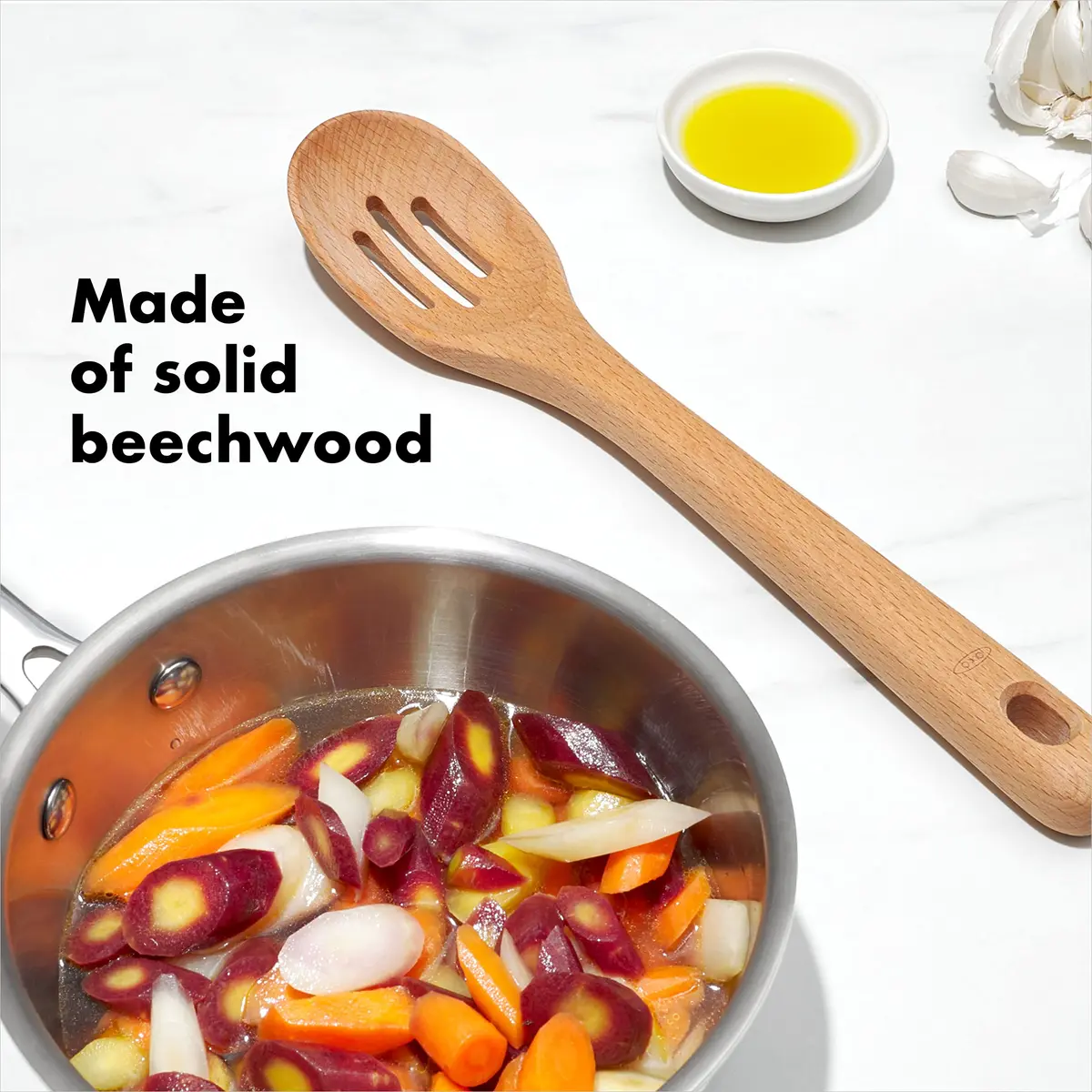 OXO Good Grips Wooden Utensil Set for Cooking, 3-Piece | Solid Beechwood Spoon, Slotted Spoon, Turner - view 3
