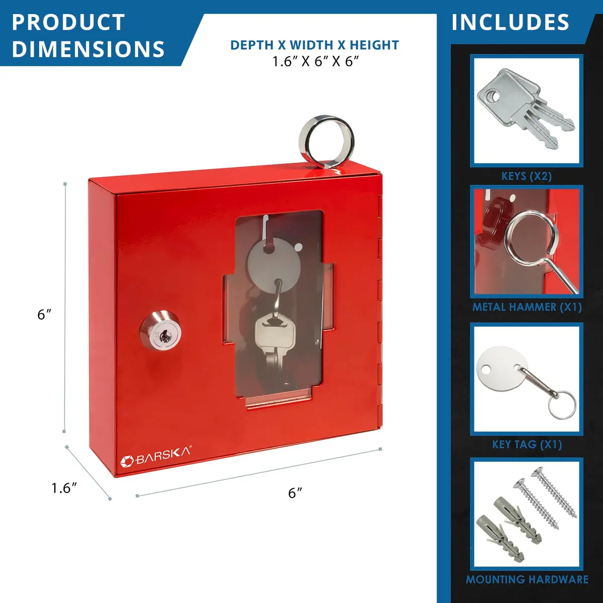 Barska Red Steel Emergency Key Box with Breakable Glass & Hammer | Wall Mount, 1.6" D x 6" W x 6" H - view 2