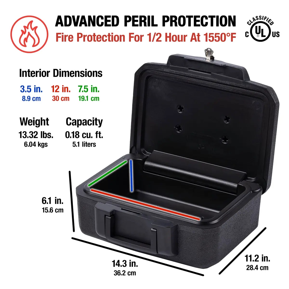 SentrySafe Fireproof Money Safe with Key Lock, Black 14.3 in W x 6.1 in H | Fire Resistant Document Box - view 4