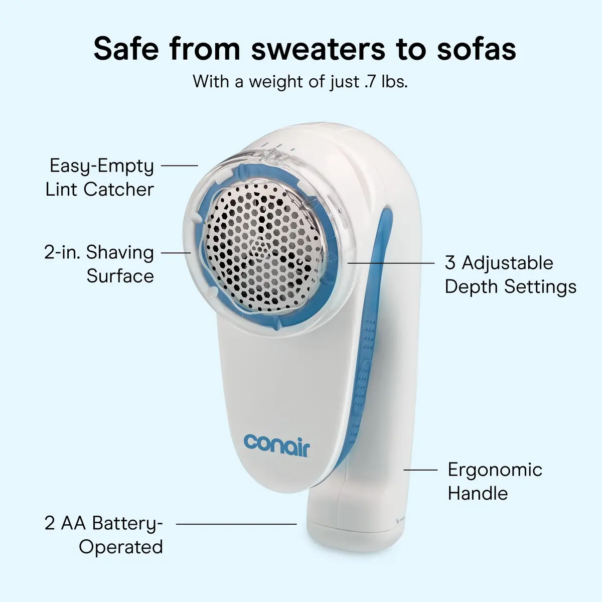 Conair Fabric Shaver and Lint Remover 2" Large Head | Portable, Battery-Operated, 3 Settings, White - view 4