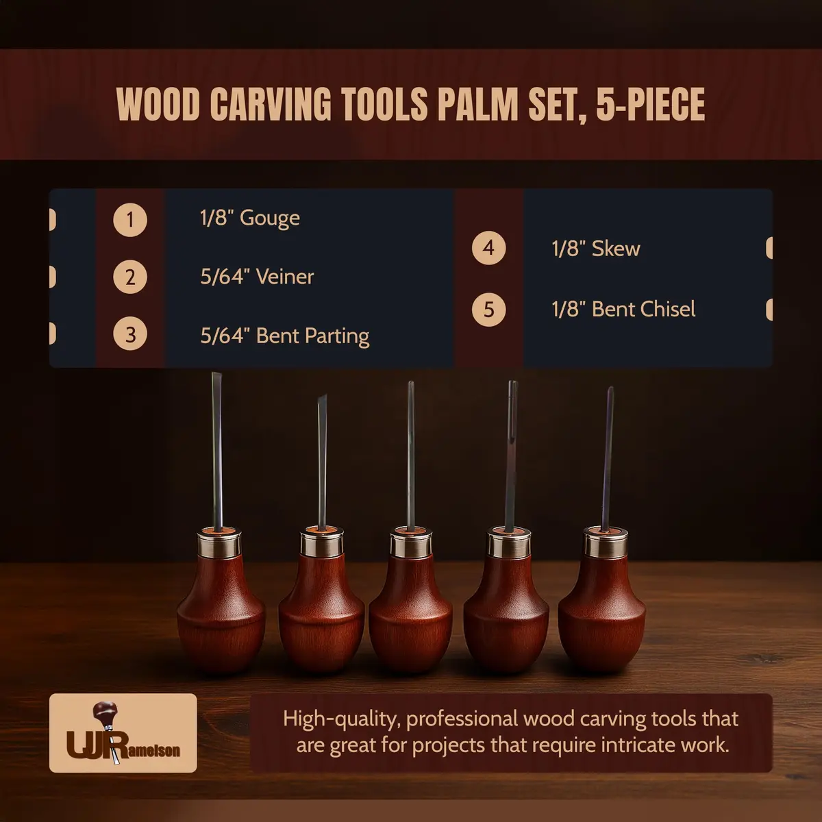 UJ Ramelson Co Wood Carving Tools Palm Set for Woodworking, Fine Miniature Detail, Stamp Making, Tile Etching, Mini Chisel and Gouge, 5 Pieces | Precision Miniature Carving - view 2