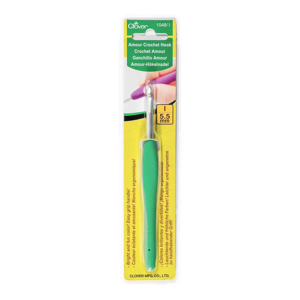 Clover Amour Ergonomic Crochet Hook Size I (5.5mm) Green Handle | Smooth Yarn Glide for Comfortable Crocheting - main product image