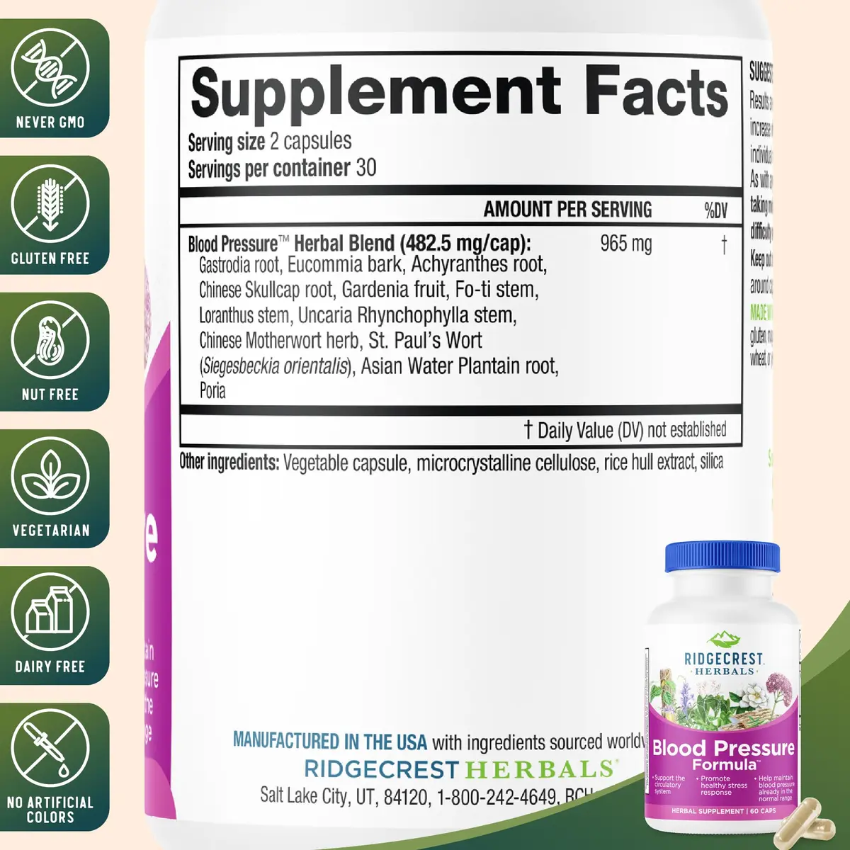 RidgeCrest Herbals Blood Pressure Herbal Formula Circulation Support 60 Ct | Natural Circulatory Tonic for Adults - view 3