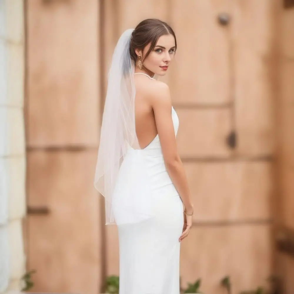 SAMKY Bridal Wedding Veil - White Elbow Length 30" | Pencil Edge, 1 Tier, Illusion Tulle - view 3