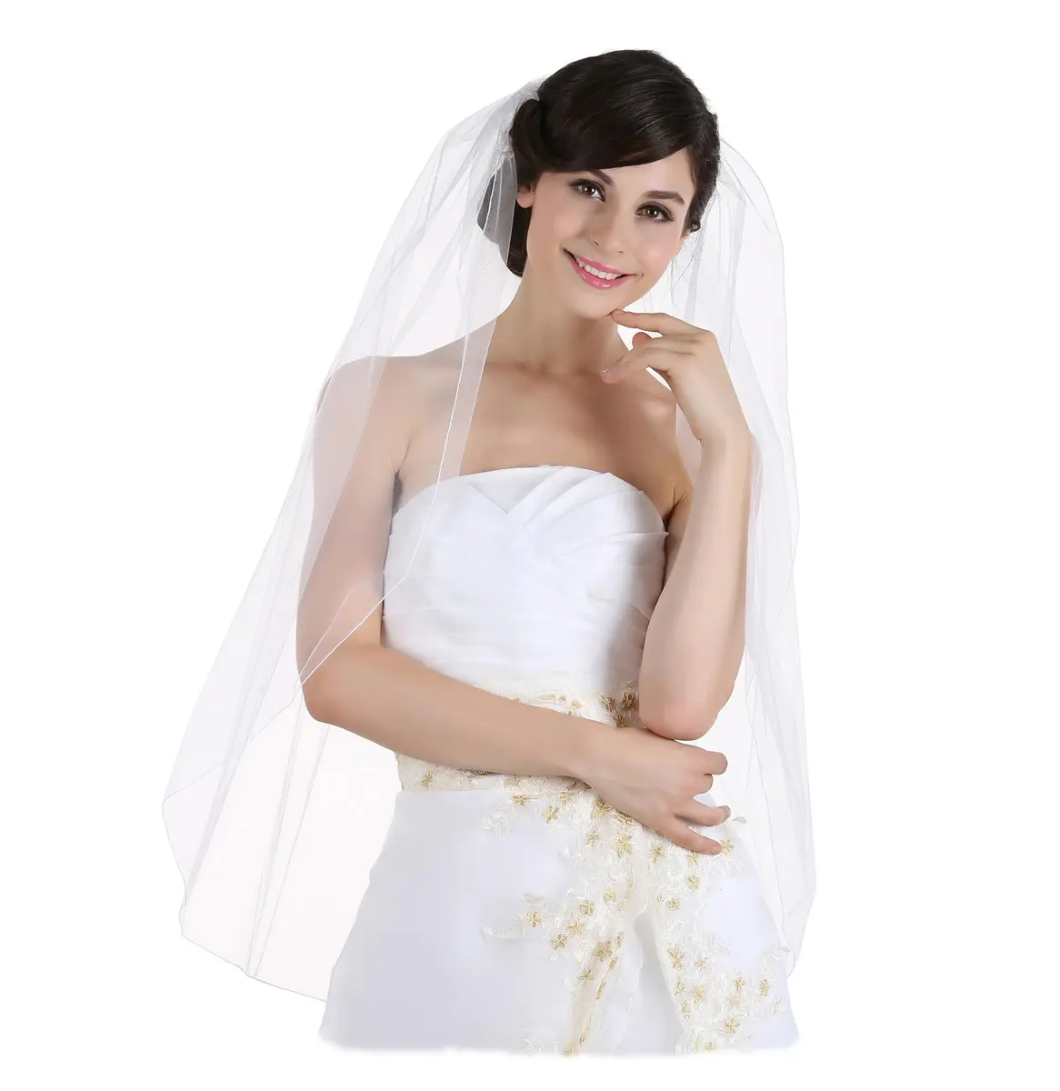 SAMKY Bridal Wedding Veil - White Fingertip Length 36" | Pencil Edge, Illusion Tulle - main product image