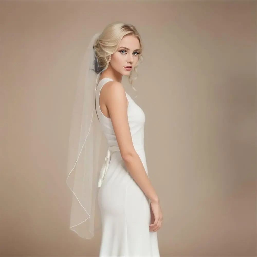 SAMKY Bridal Wedding Veil - White Fingertip Length 36" | Pencil Edge, Illusion Tulle - view 3