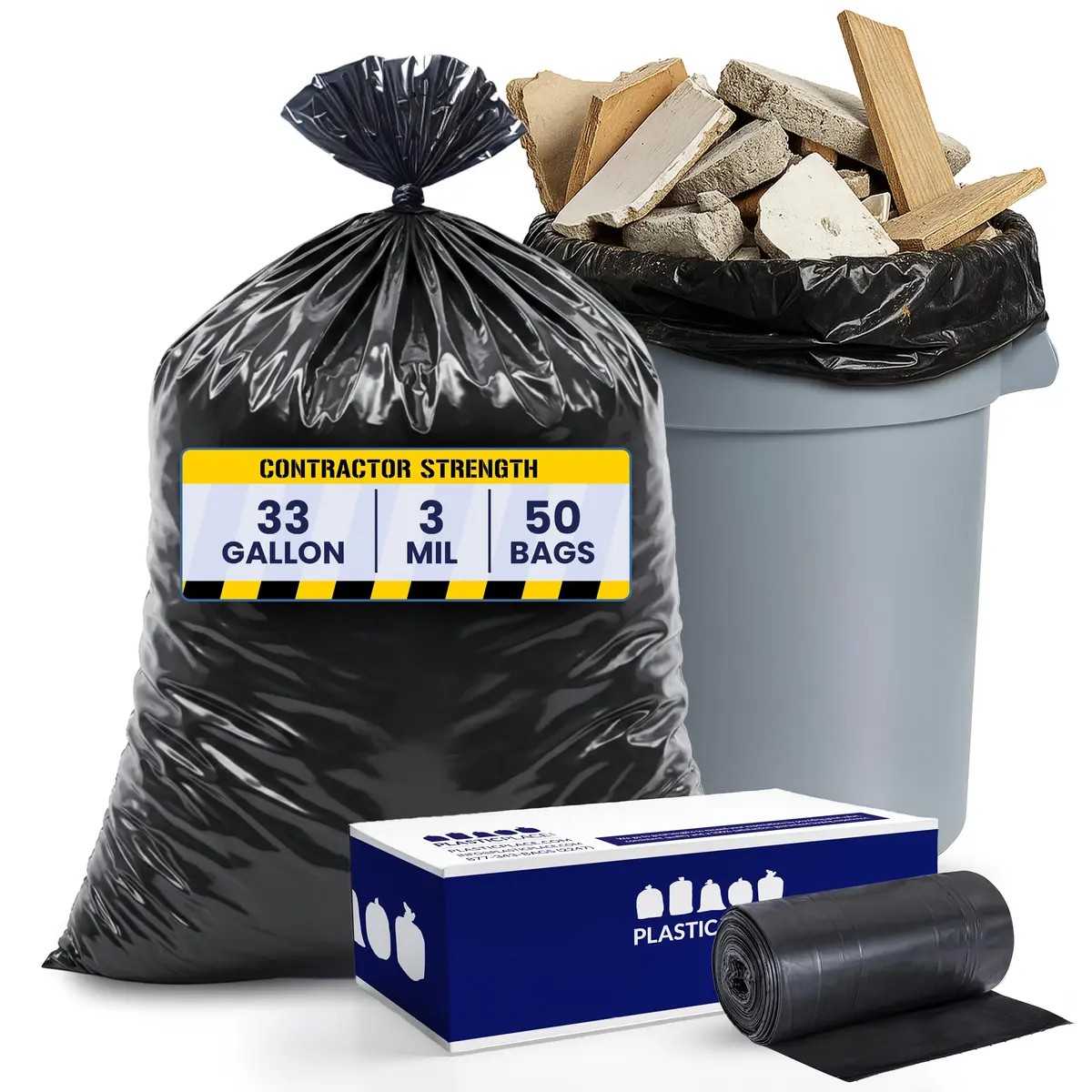 Plasticplace Contractor Trash Bags 33 Gallon | Heavy Duty 3.0 Mil, Black, 50 Count - main product image