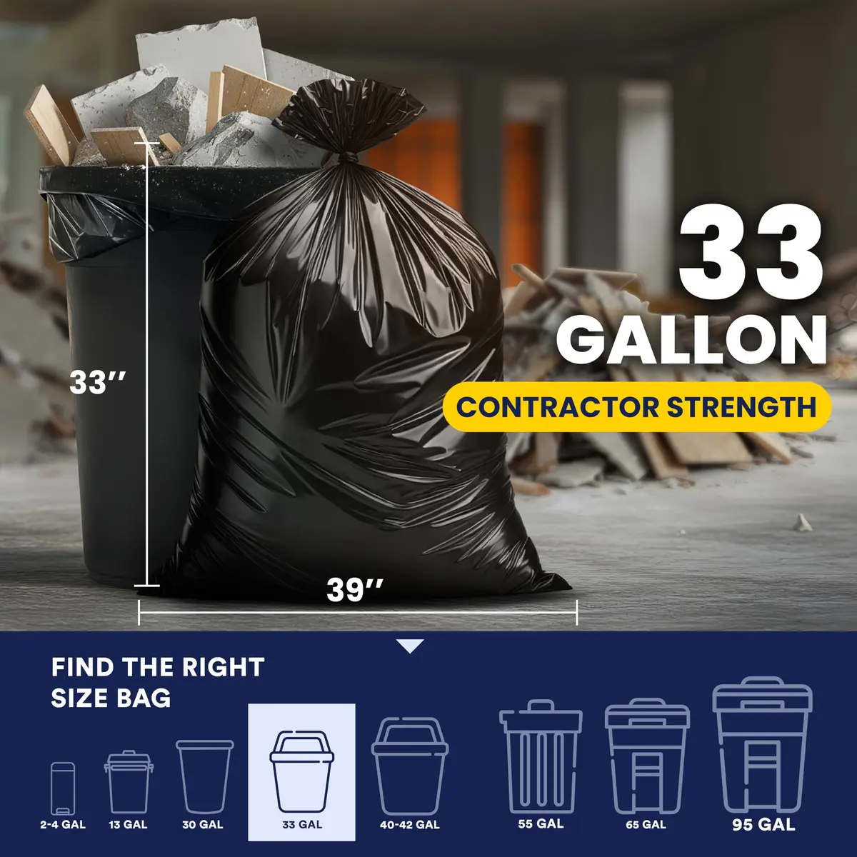 Plasticplace Contractor Trash Bags 33 Gallon | Heavy Duty 3.0 Mil, Black, 50 Count - view 2