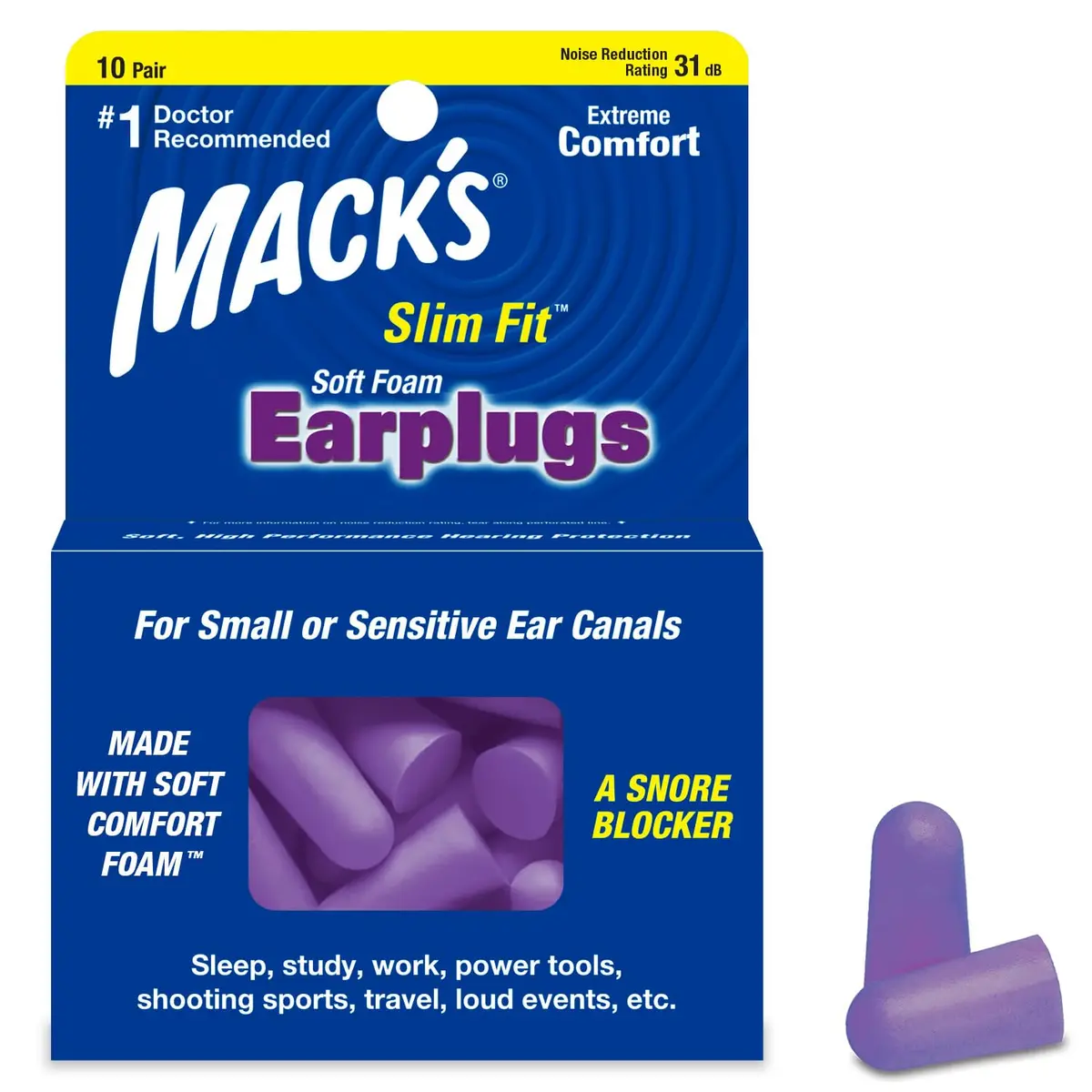 Mack's Slim Fit Soft Foam Earplugs 10 Pair (20 Count) | NRR 31dB Noise Reduction - main product image