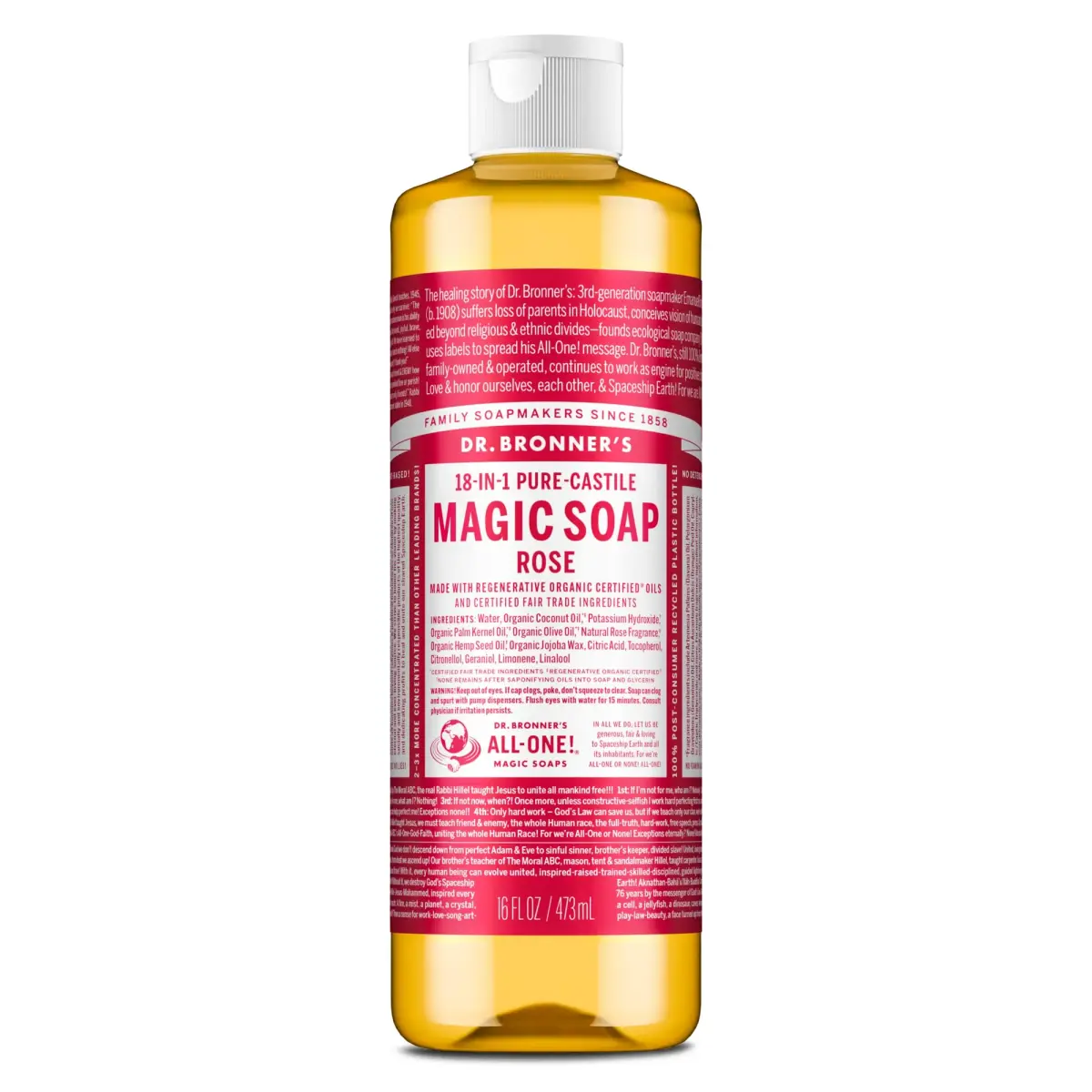 Dr. Bronner's Rose Pure-Castile Liquid Soap 473ml (16 Fl Oz) | Gentle All-Purpose Cleanser - main product image
