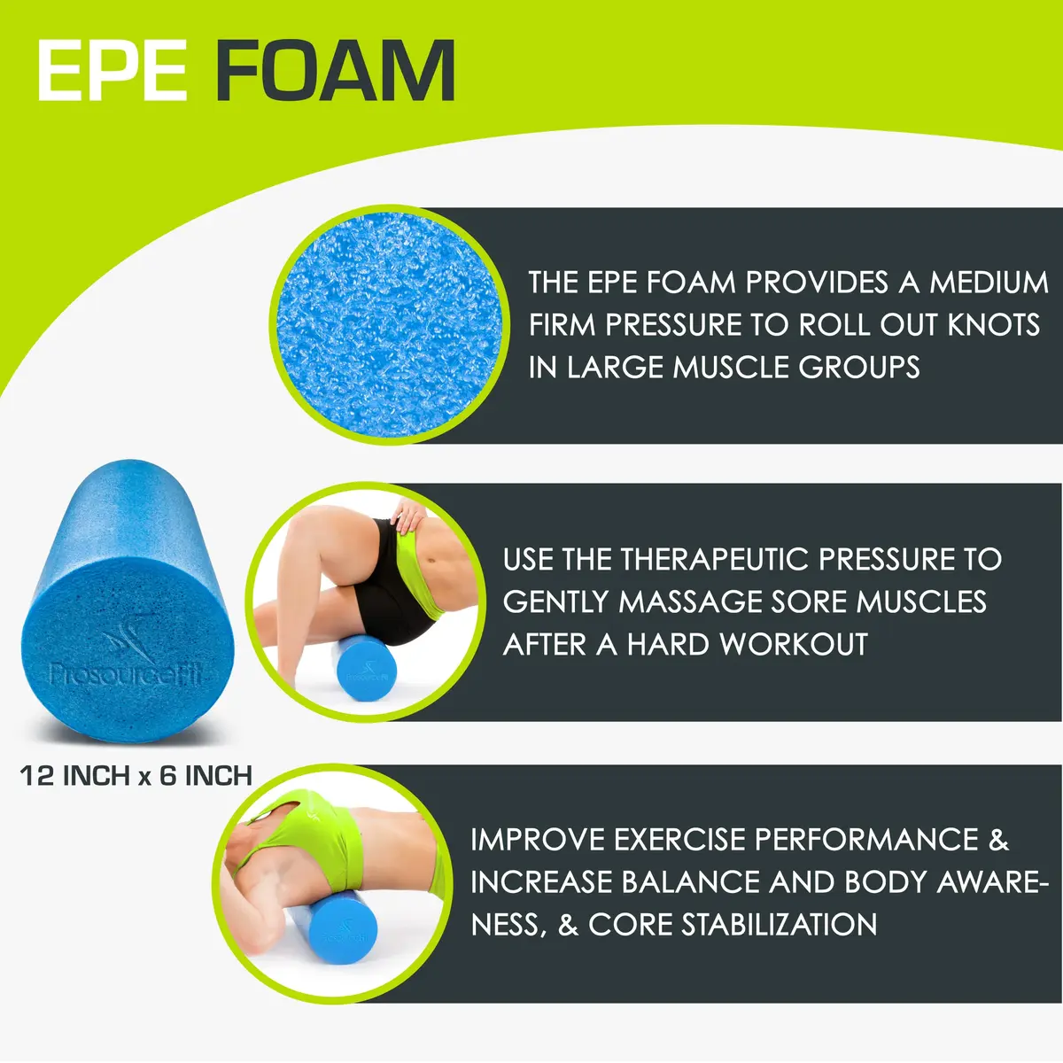 ProsourceFit Flex Foam Roller for Muscle Massage & Balance Exercises, 30.48cm x 15.24cm (12"x6") Blue | Firm EPE Foam for Core Strength & Recovery - view 3