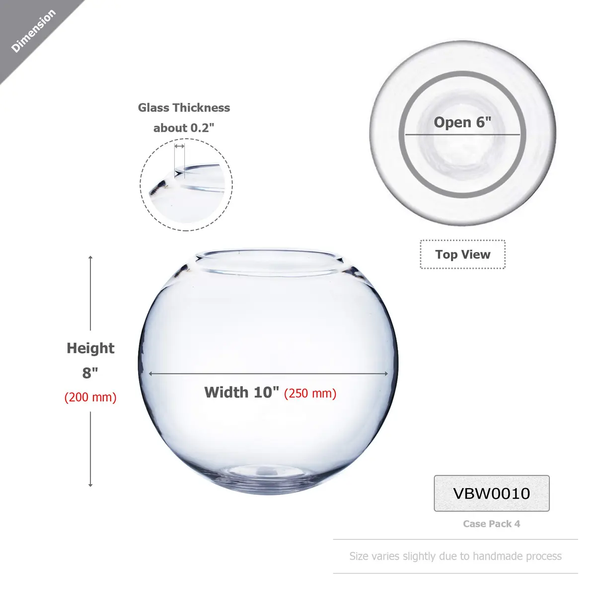 WGVI Clear Bubble Glass Vase 25cm (10") Diameter, 20cm (8") Height | Hand-Blown Decorative Accent Piece - view 2