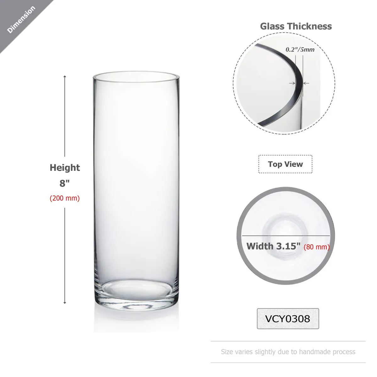 WGVI Thick Clear Cylinder Glass Vase 3" W x 8" H | Elegant Floral Display for Weddings & Home - view 2