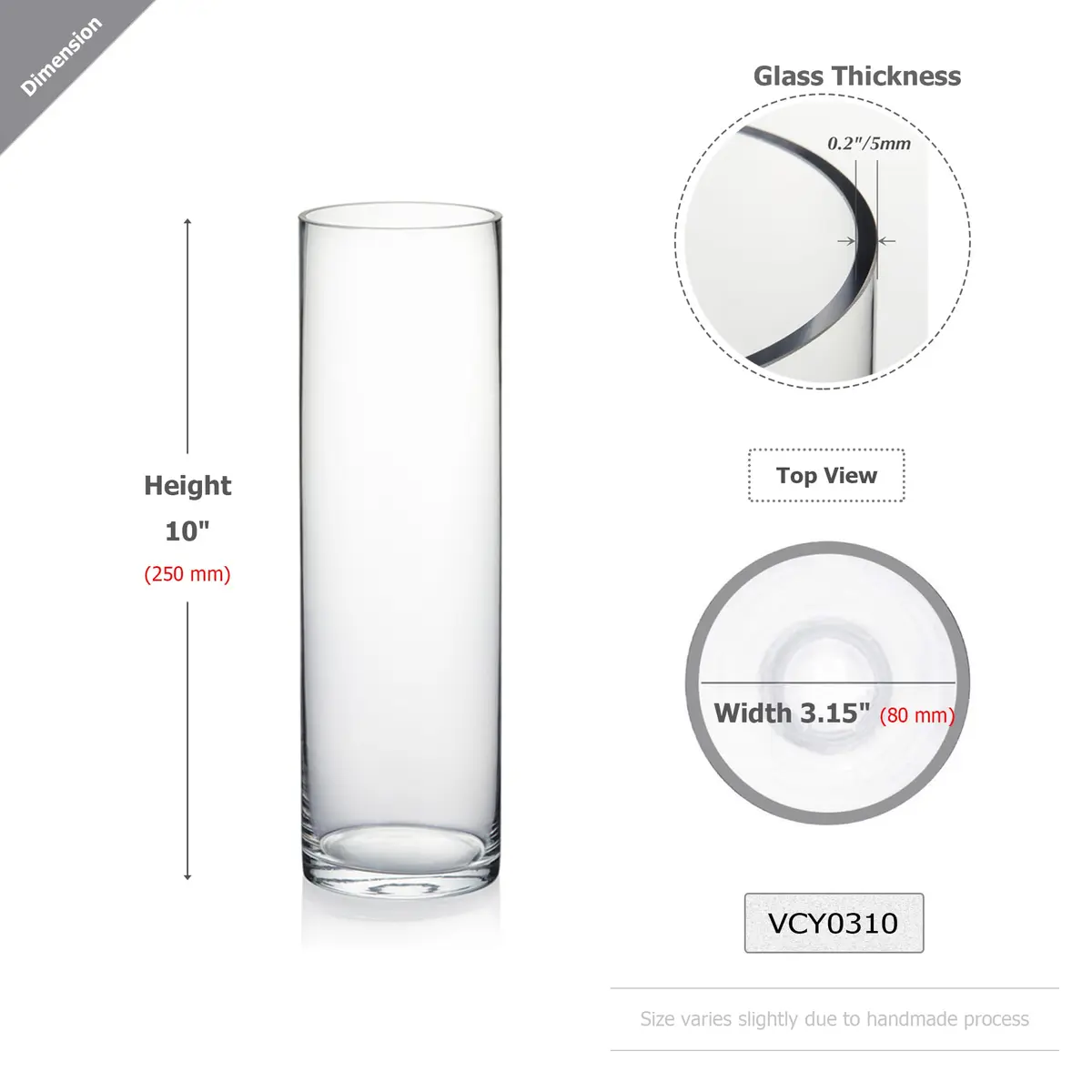 WGVI Thick Weighted Clear Cylinder Glass Vase 3" W x 10" H | Handcrafted, Durable, Elegant - view 2