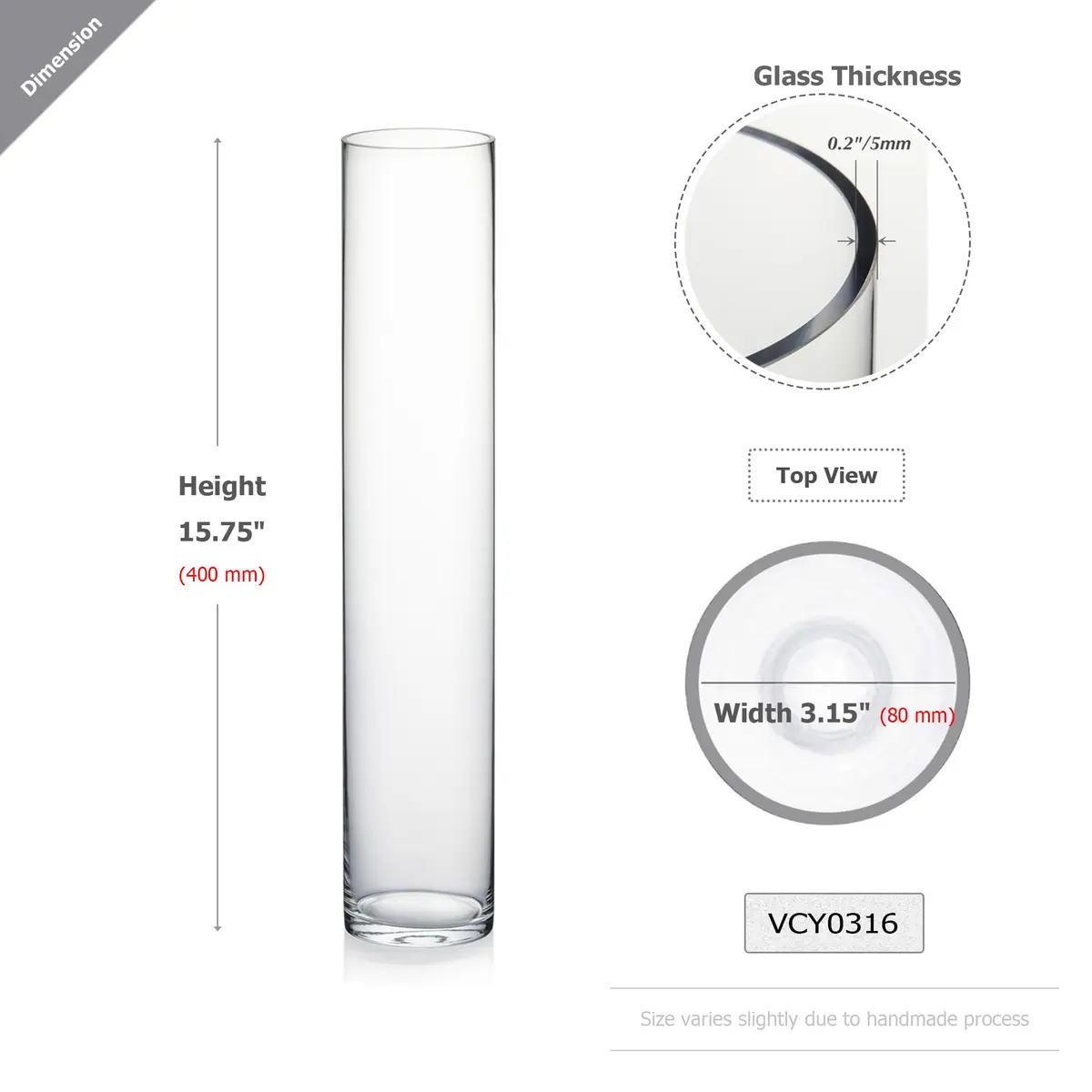 WGVI Thick Weighted Clear Cylinder Glass Vase 3" W x 16" H | Elegant Floral Display (110 characters) - view 2