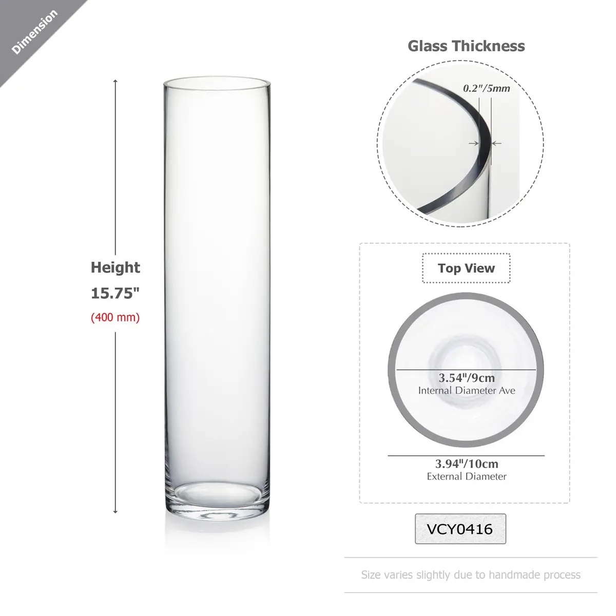 WGVI Thick Tall Clear Cylinder Glass Vase 4" W x 16" H | Elegant Floral Centerpiece - view 2