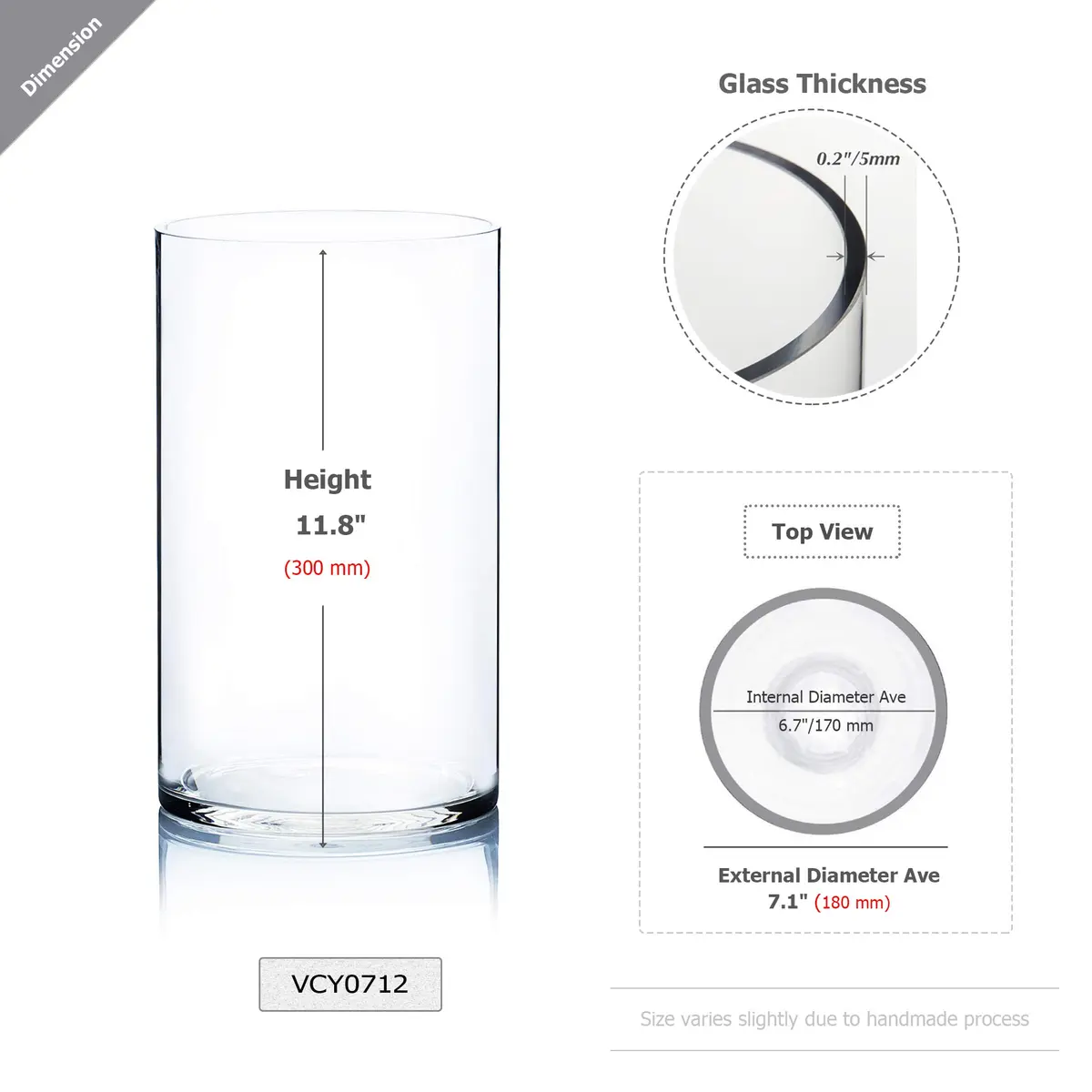 WGVI Clear Cylinder Glass Vase 18cm (7") x 30cm (12") | Handcrafted Home Accent Decor - view 2