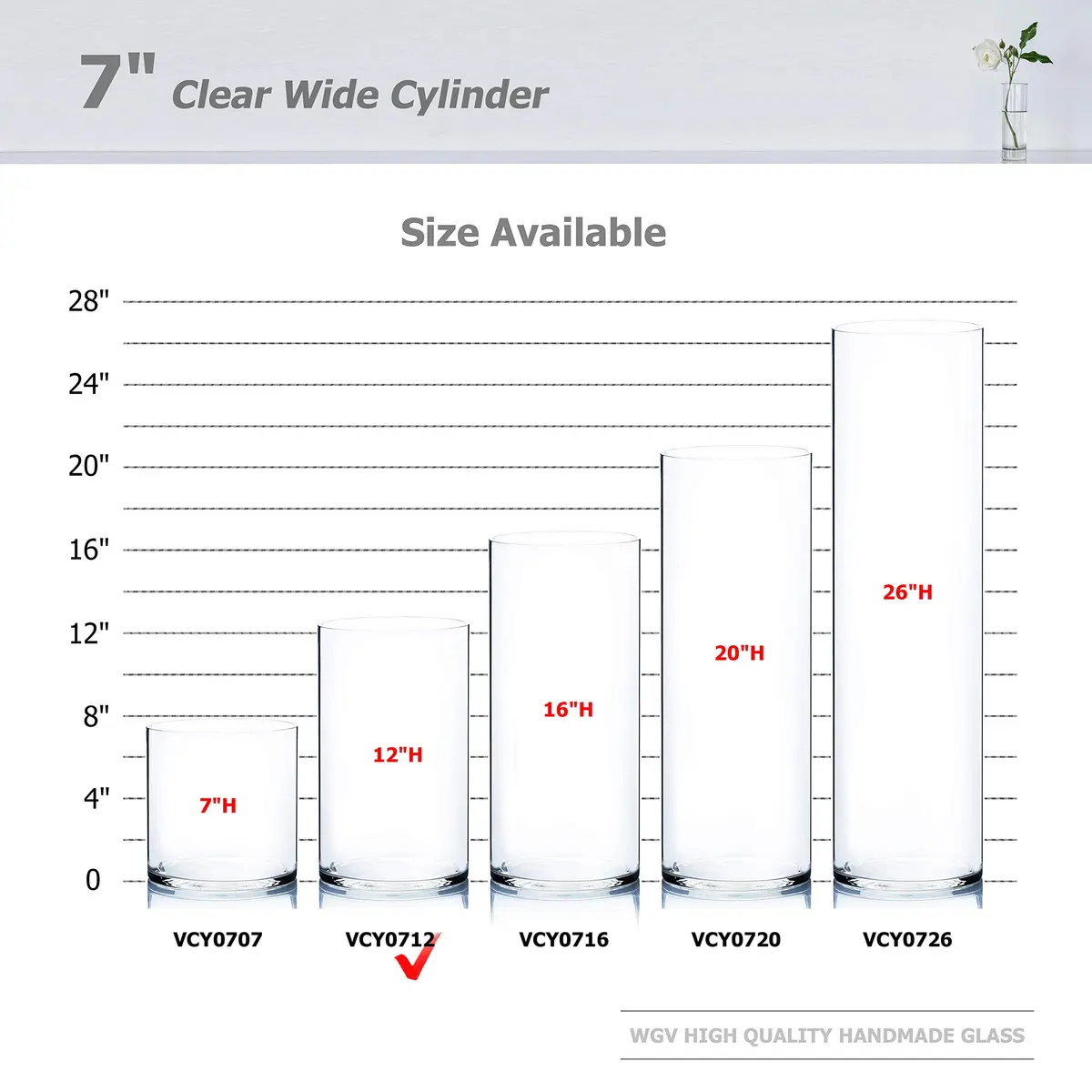 WGVI Clear Cylinder Glass Vase 18cm (7") x 30cm (12") | Handcrafted Home Accent Decor - view 3