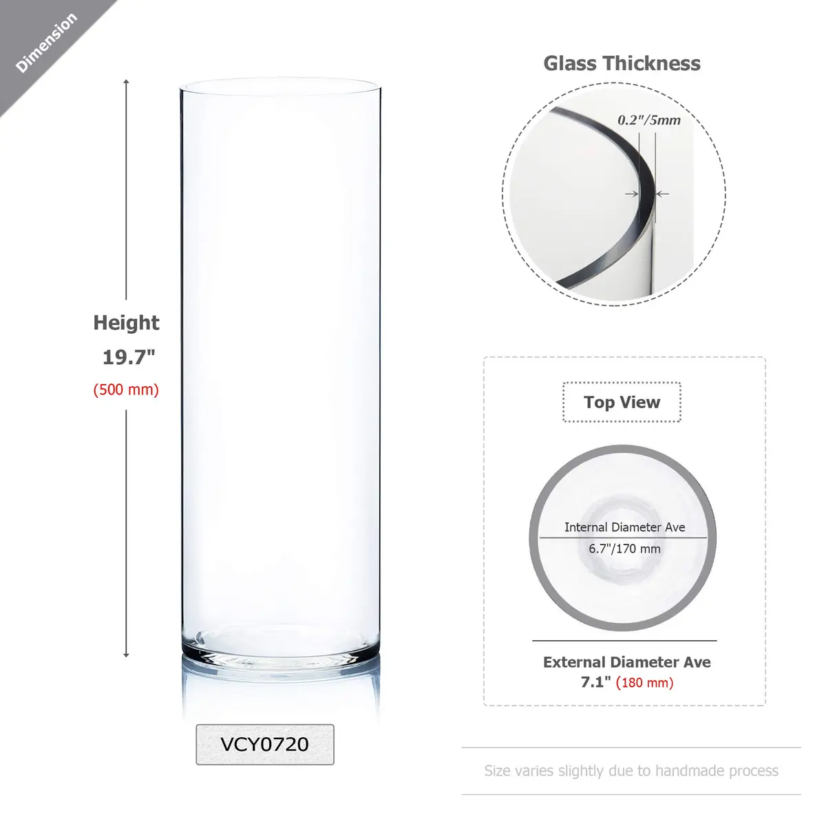 WGVI Clear Cylinder Vase 180 mm (7") x 500 mm (20") | Handcrafted Glassware for Events & Home Decor - view 2