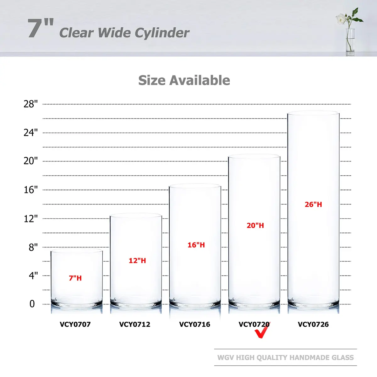 WGVI Clear Cylinder Vase 180 mm (7") x 500 mm (20") | Handcrafted Glassware for Events & Home Decor - view 3