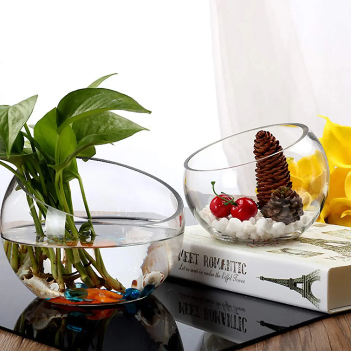 WGVI Clear Slant Cut Bowl Glass Vase, Glass Terrarium, Candy Dish, 7" Width, 6" Height | Handcrafted Minimalist Decor - view 6
