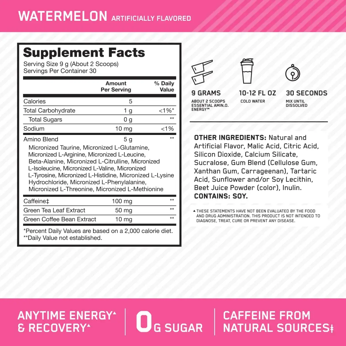 Optimum Nutrition Essential AmiN.O. Energy Powder, Watermelon Flavor - 9.5 oz | Supports Recovery & Energy - view 3