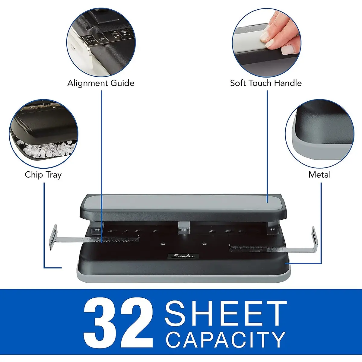 Swingline Heavy-Duty 3-Hole Punch, Adjustable, 9/32-Inch Holes, 32 Sheets Cap, Black | Durable Metal Construction with Patented Centamatic Centering - view 3
