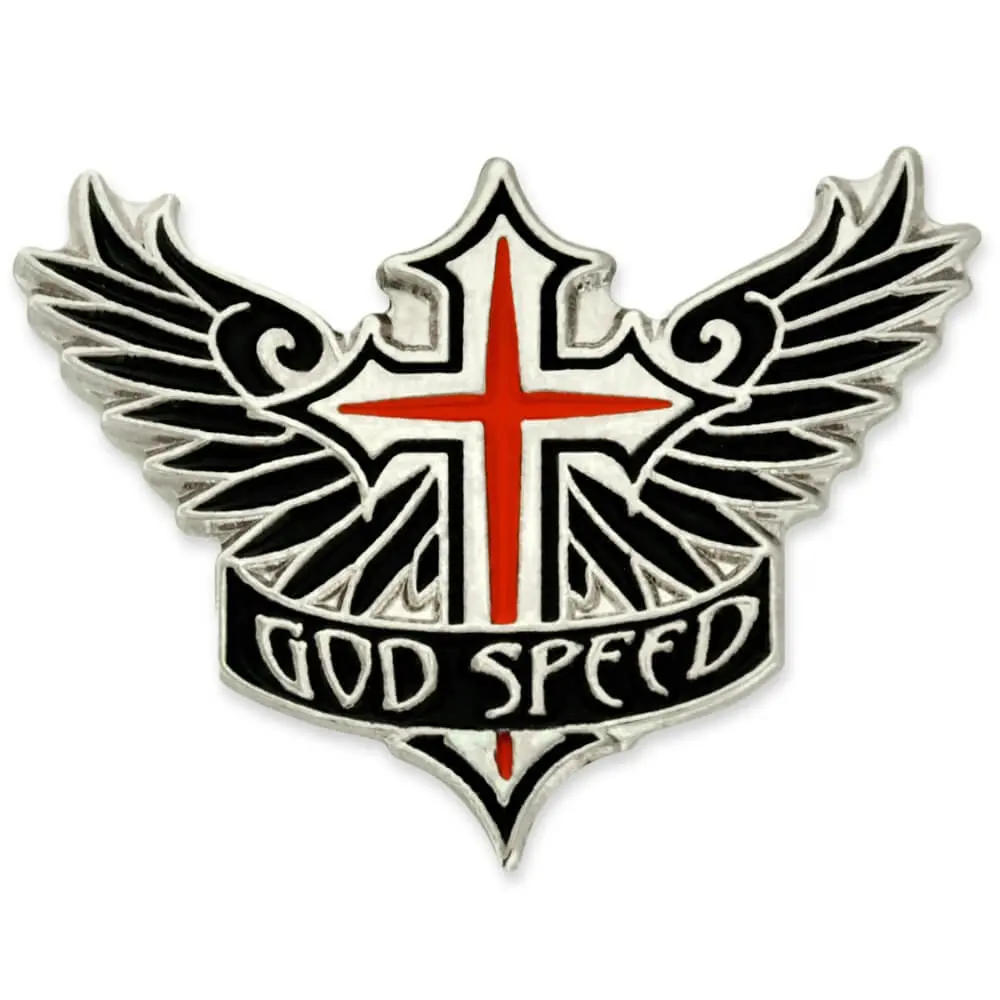 PinMart God Speed Cross Angel Wings Biker Enamel Lapel Pin – 1 Piece | Symbol of Safe Travels & Good Fortune - main product image