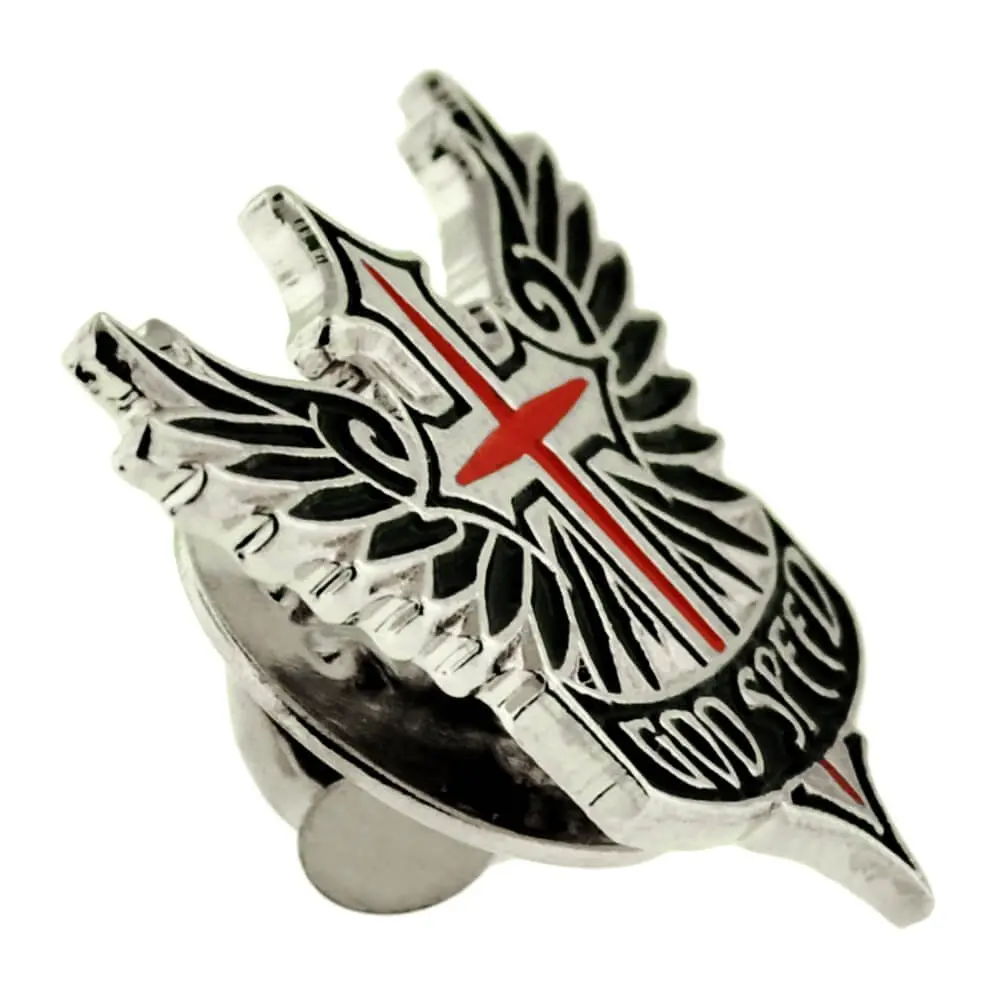 PinMart God Speed Cross Angel Wings Biker Enamel Lapel Pin – 1 Piece | Symbol of Safe Travels & Good Fortune - view 2