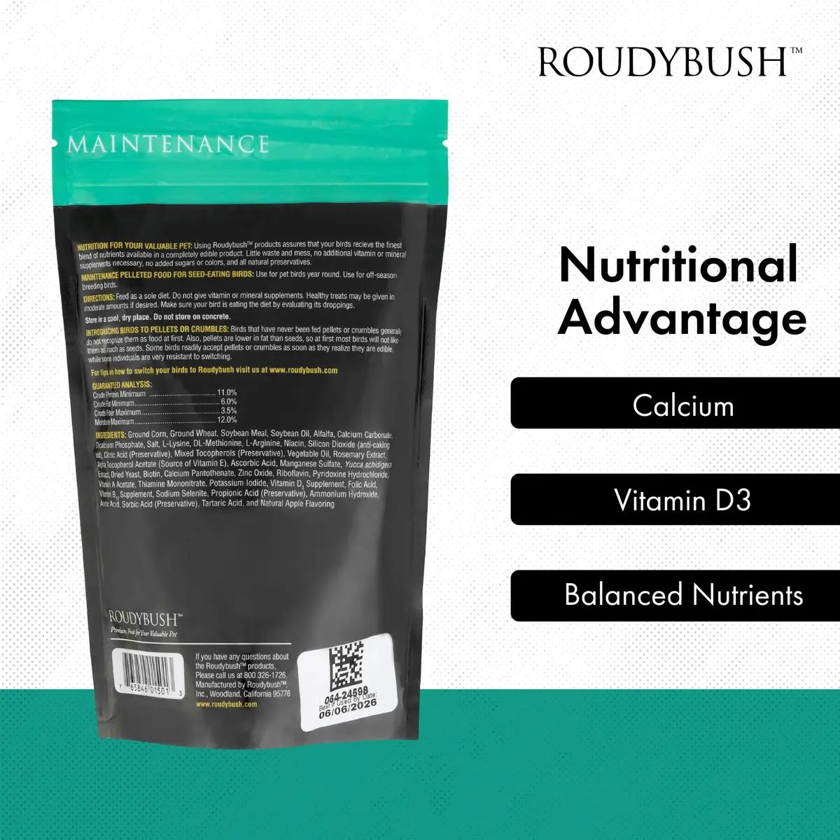 RoudyBush Daily Maintenance Bird Food Crumble Pellets 227 g (8 OZ) | Complete Daily Feed for Parakeets, Cockatiels, Conures, Lovebirds - view 5
