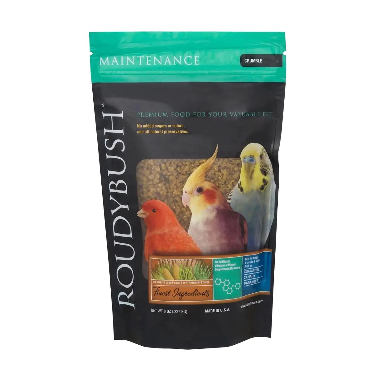 RoudyBush Daily Maintenance Bird Food Crumble Pellets 227 g (8 OZ) | Complete Daily Feed for Parakeets, Cockatiels, Conures, Lovebirds - main product image