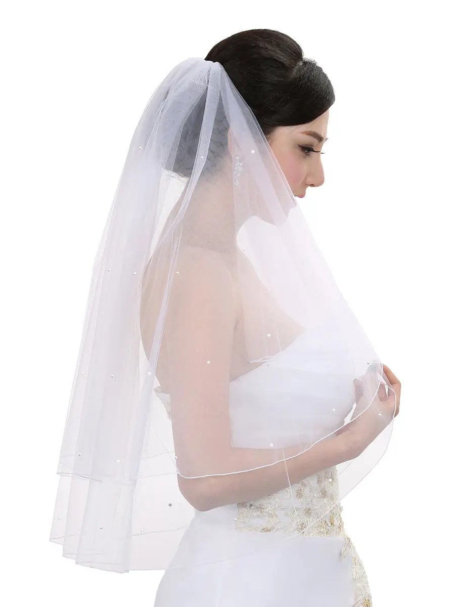 SAMKY 2T 2 Tier Rhinestone Veil - White Fingertip Length 36" | Bridal Accessory - main product image