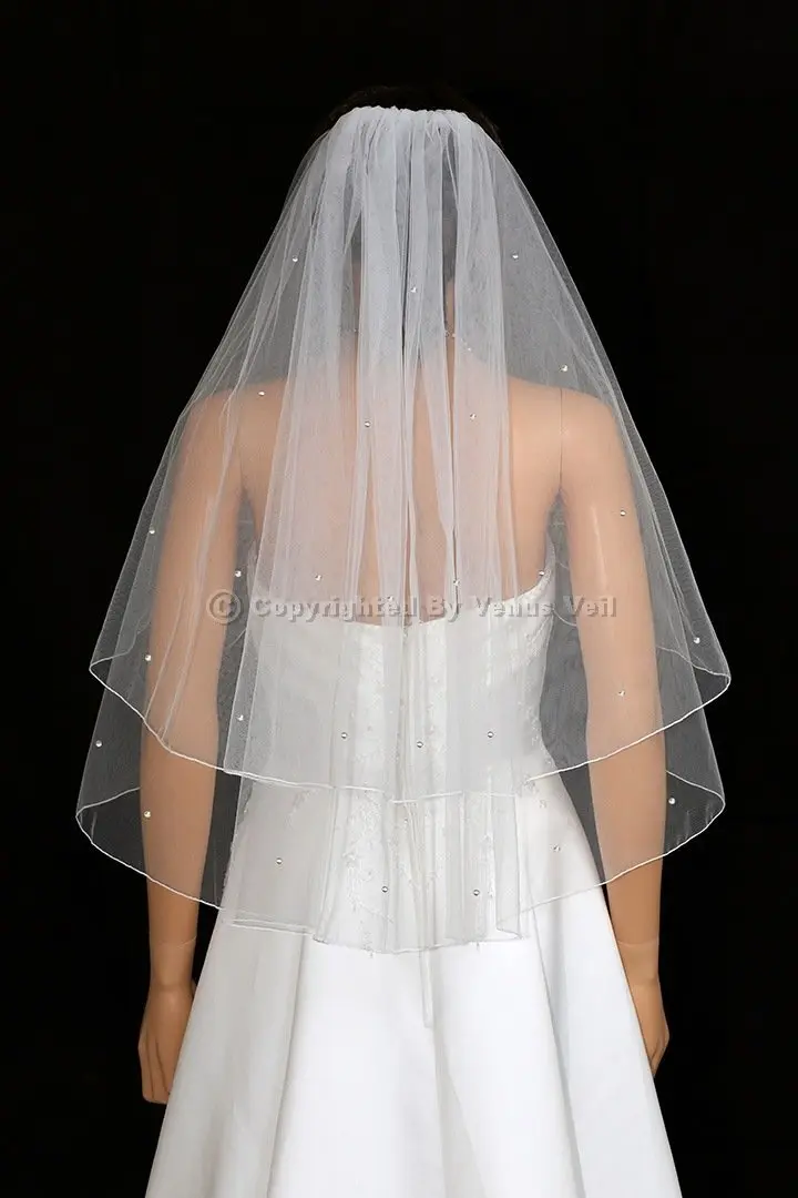 SAMKY 2T 2 Tier Rhinestone Veil - White Fingertip Length 36" | Bridal Accessory - view 3