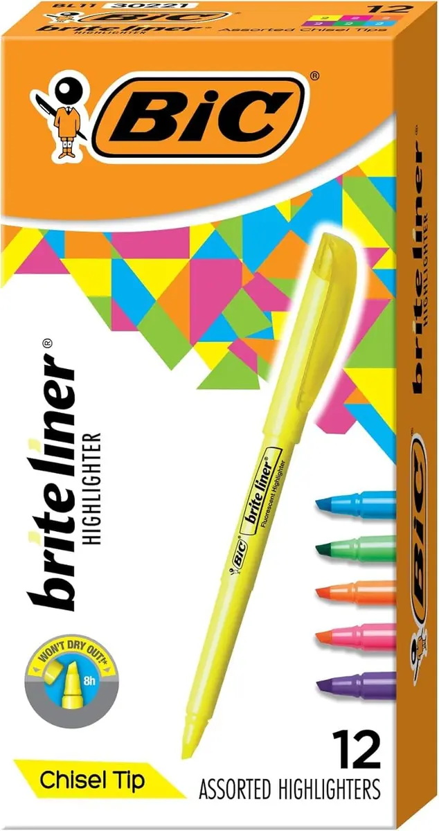 BIC Brite Liner Highlighters 12-Count Pack Assorted Colors | Long-Lasting, Safe for School - main product image