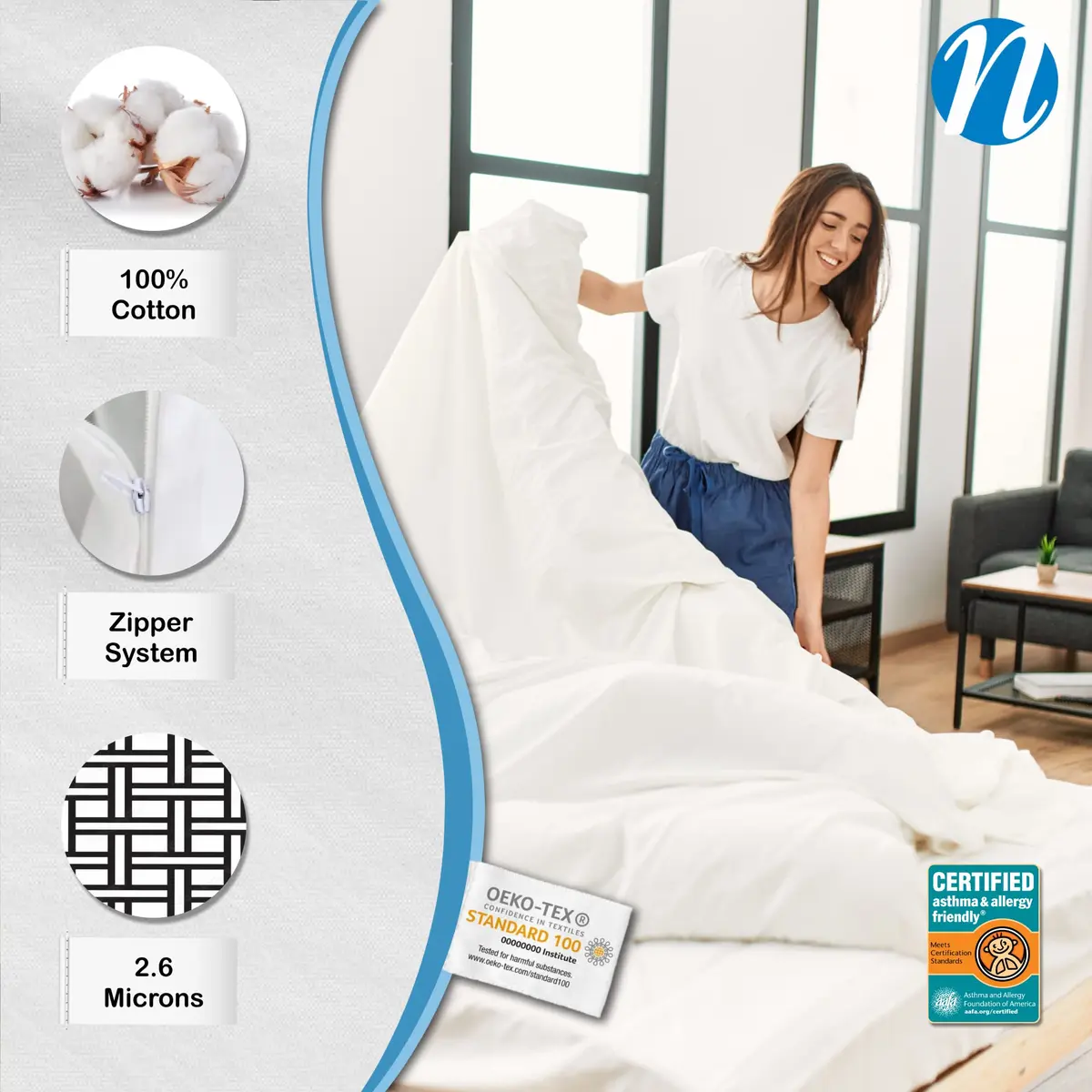 National Allergy 100% Cotton Duvet Cover Queen Size | Oversized 96x92, White, Hypoallergenic - view 3