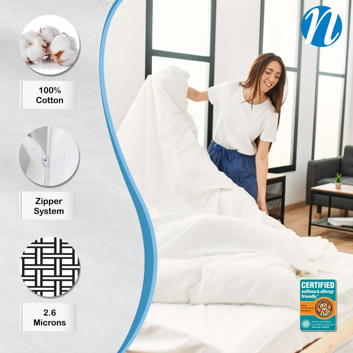 National Allergy 100% Cotton Twin XL Duvet Cover Protector, 70x90 in, White | Hypoallergenic, Breathable Cotton, Easy Care - view 2