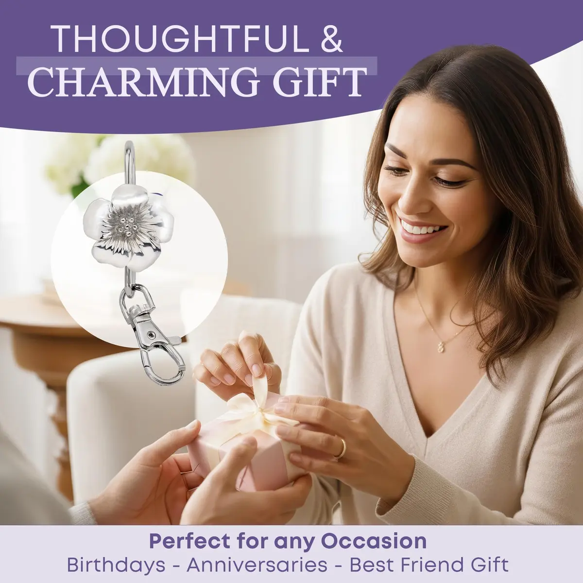 Finders Key Purse Silver Floral Keychain | Stylish & Multifunctional Accessory for Women - view 7