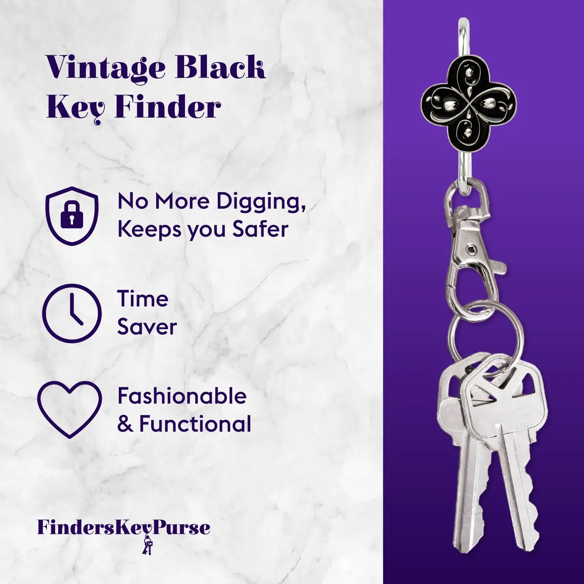 Finders Key Purse Women’s Bag Charm Key Finder, Car Keychain Hook, Vintage Black - view 2