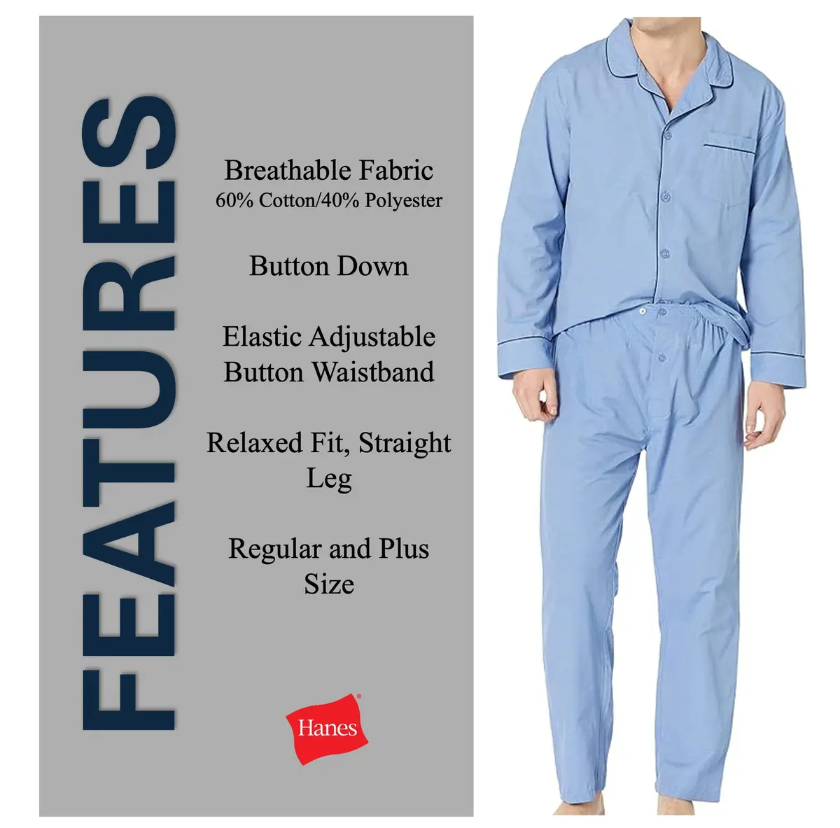 Hanes Men's Woven Plain-Weave Pajama Set, Blue Solid, Small | Comfortable Sleepwear for Men - view 3