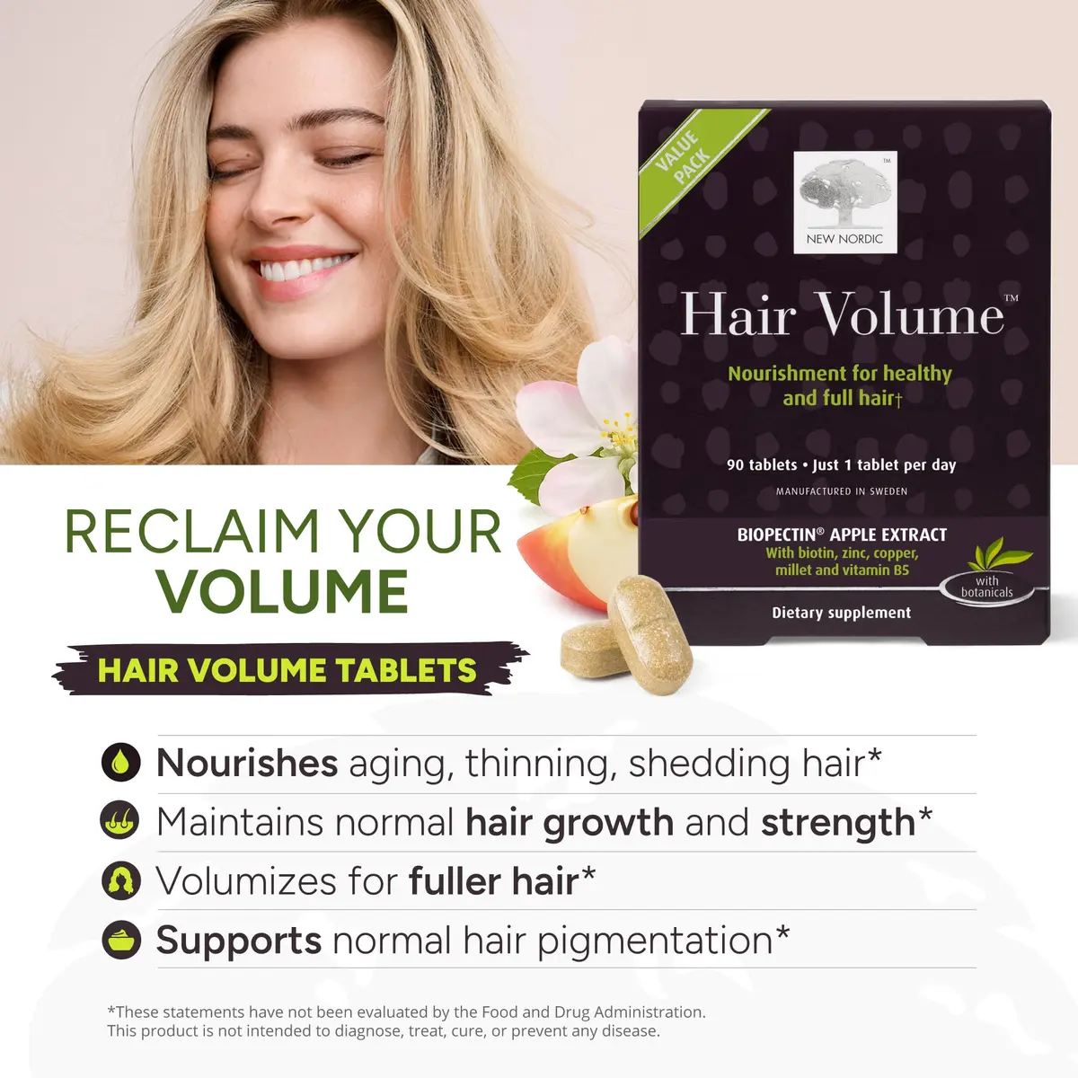 NEW NORDIC Hair Volume Daily Biotin Support Supplement | 30 Tablets | Supports Thicker, Fuller Hair - view 3