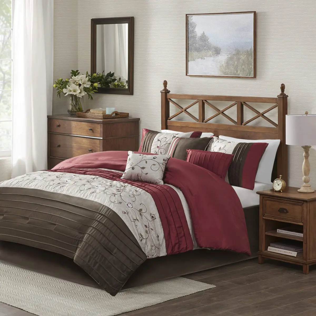 Madison Park Faux Silk Floral Embroidered Comforter Set, 7PC King | Elegant Floral Design with Soft Shine - main product image